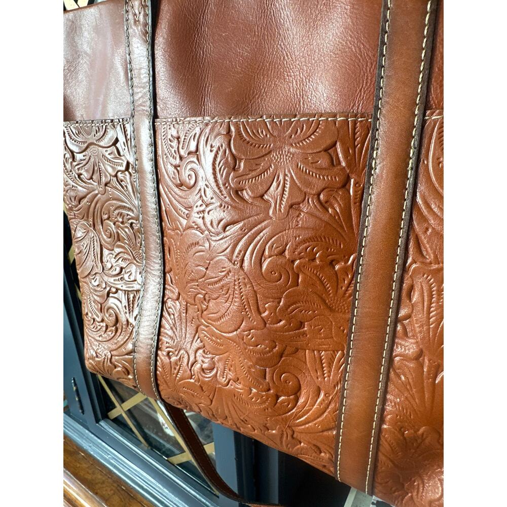 PATRICIA NASH Burnished Tooled Benvenuto Gold Leather Shoulder Bag Tote Cognac - Picture 5 of 10